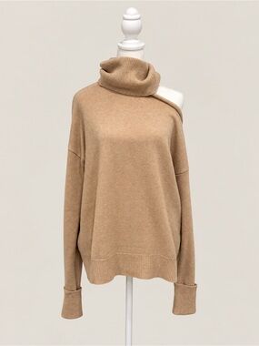 PAIGE Camel Wool Blend Off Shoulder Turtleneck Sweater M | Quiet Luxury Scandi